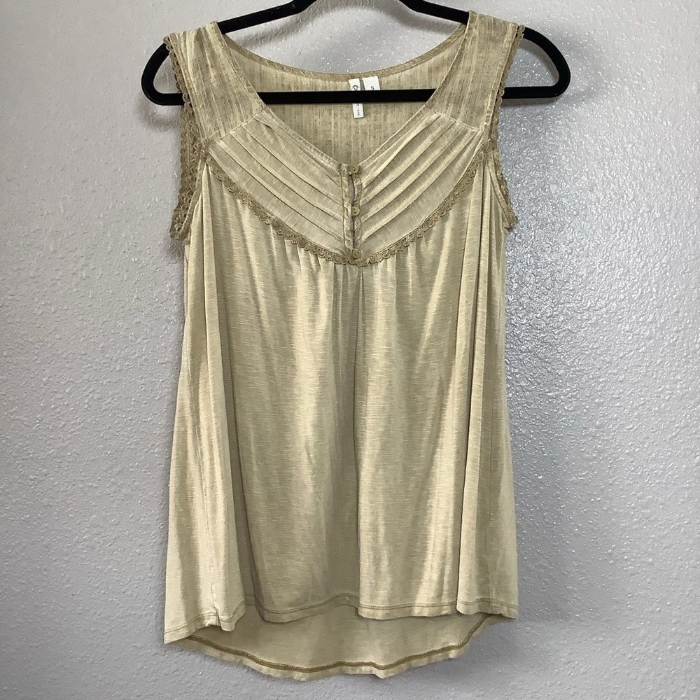Tan Button Lace Pleated Bohemian Lagenlook Mori Girl Earthy Sleeveless Blouse S
